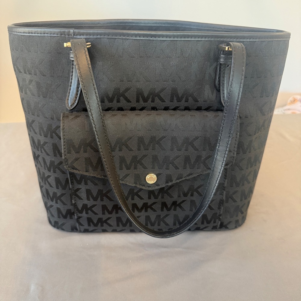 Michael Kors Black MK Monogram Jacquard Tote Shoulder Bag Gold Hardware